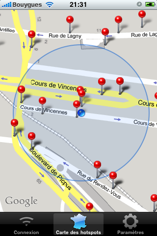 Points d'accès FreeWifi sur Google Maps