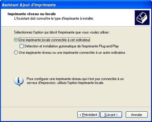 Configuration de l'imprimante HP (câble USB)