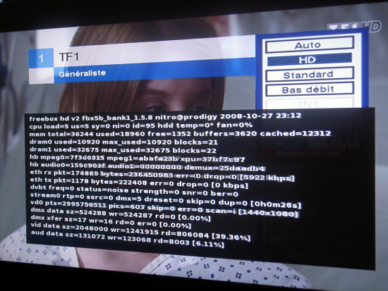 Pour avoir les info du flux, appuyez sur Select et Start en mÃªme temps (les touches en demi-cercle en haut et en bas de la telecommande sur la gauche) pour freebox v5