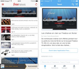 À g. : aperçu de Freenews 2.0.2 À d. : nouveaux liens vers l'app sur l'appli Twitter