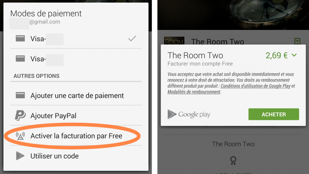 Paiement Free Mobile sur Play Store