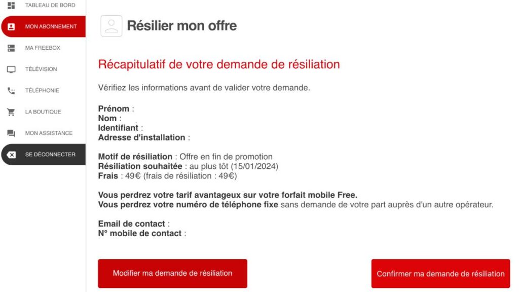 récapitulatif résiliation Freebox